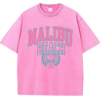 Dámské tričko Dámské tričko s vintage potiskem MALIBU BEACH Volný střih Letní streetwear top Retro styl Oblečení pro volný čas Módní sportovní design růžová XS