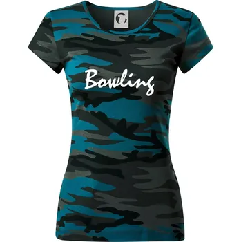 Bowling nápis psací - Dámské maskáčové triko - S ( Petrolejová maskáč )