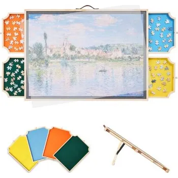 Puzzle VEVOR 1000dílná otočná puzzle deska se 4 barevnými plstěnými zásuvkami a krytem, ​​přenosný dřevěný stůl 73x53cm, nastavitelné 2-úhlové naklápění, příslušenství pro dospělé, dárek k narozeninám pro maminku