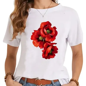 Dámské tričko Dámské tričko s krátkým rukávem Květinový potisk Vlčí máky Elegantní top s kulatým výstřihem Módní ležérní styl Pohodlné letní oblečení XS