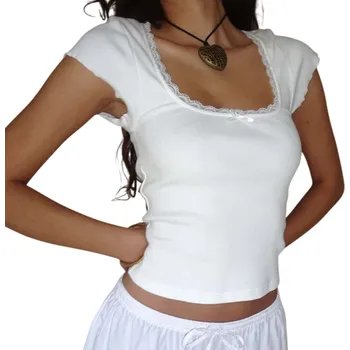 Dámské tričko Dámské tričko s krajkovým lemem Krátký top s mašličkou Elegantní halenka s krátkým rukávem Sexy vypasovaný top s výstřihem do čtverce bílá M