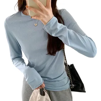 Dámské tričko Dámské tričko s dlouhým rukávem Přiléhavý střih Ozdobné ramenní řetízky Módní design Kulatý výstřih Pohodlný materiál pro každodenní nošení modrá M