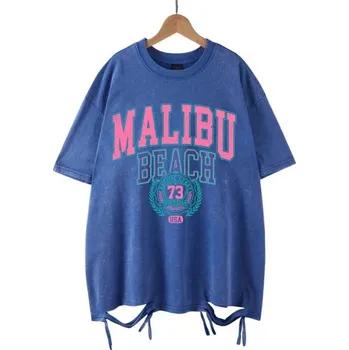 Dámské oversized tričko MALIBU BEACH s vintage potiskem a ozdobným vázáním Streetwear top Ležérní letní móda Stylový volnočasový oděv modrá XS