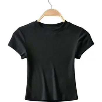 Dámské tričko Dámské žebrované crop tričko s krátkým rukávem Elastický top s kulatým výstřihem Moderní přiléhavý střih Módní jednobarevné tričko černá L