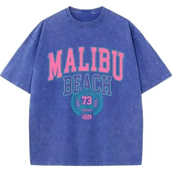 Dámské tričko Dámské tričko s vintage potiskem MALIBU BEACH Volný střih Letní streetwear top Retro styl Oblečení pro volný čas Módní sportovní design modrá XL