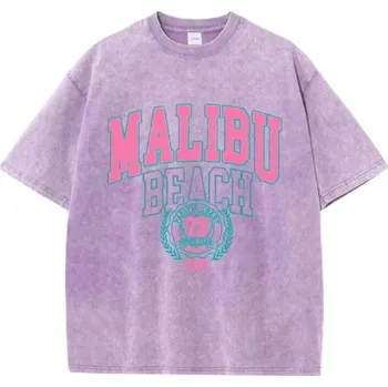 Dámské tričko s vintage potiskem MALIBU BEACH Volný střih Letní streetwear top Retro styl Oblečení pro volný čas Módní sportovní design fialová M