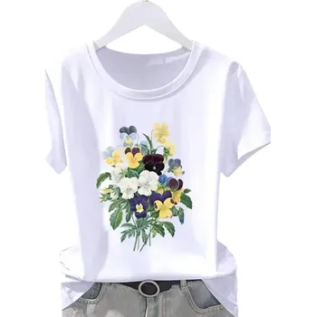 Dámské tričko Dámské bílé tričko s květinovým potiskem macešek Barevné tričko s krátkým rukávem a kulatým výstřihem Romantický styl pro volný čas XXL