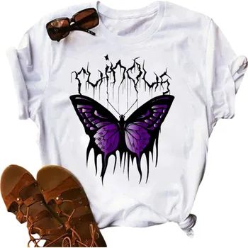 Dámské tričko Dámské bílé tričko s fialovým motýlem a temným gotickým nápisem Tričko s krátkým rukávem Streetwear styl s výrazným potiskem XS