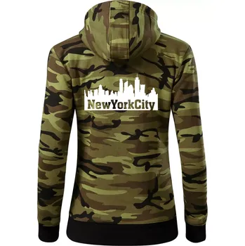 Dámská mikina New York City silueta - Dámská mikina trendy zipper s kapucí - L ( Zelený maskáč )