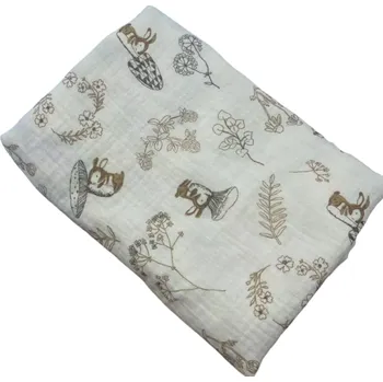 Dekorativní polštářek Bavlněná mušelínová deka pro miminka 85x65 cm Dětská osuška Zavinovačka Vzor králíci a květiny Přírodní barvy