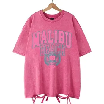 Dámské tričko Dámské oversized tričko MALIBU BEACH s vintage potiskem a ozdobným vázáním Streetwear top Ležérní letní móda Stylový volnočasový oděv růžová L
