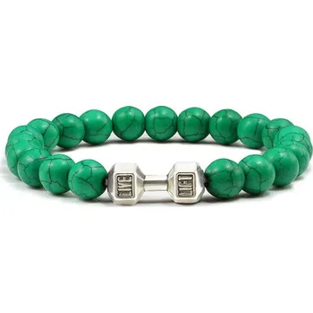 Náramek Stylový pánský náramek z kamene s motivem činky | energetický náramek, pánský náramek - Tmavě zelená S , 21 cm