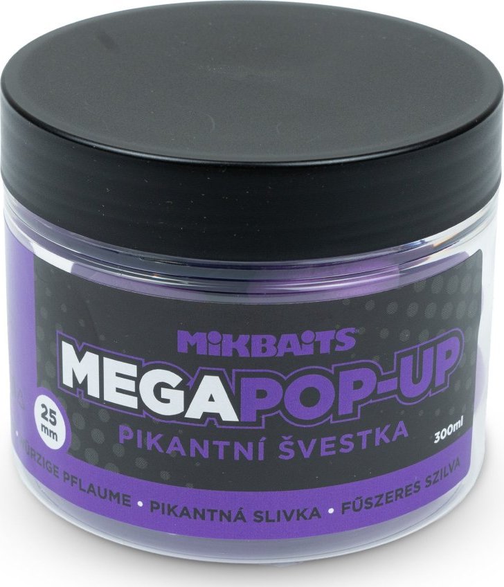 Mikbaits Mega Plovoucí fluo boilie 300ml Pikantní švestka - 25mm Mikbaits Mega Plovoucí fluo boilie 300ml Pikantní švestka