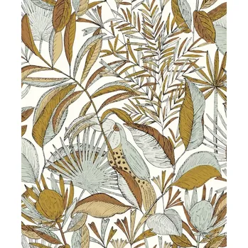 Tapeta Vliesová tapeta na zeď Caselio 103012479, květy, listy, bílá, oranžová, hnědá Bílá;Hnědá;Oranžová