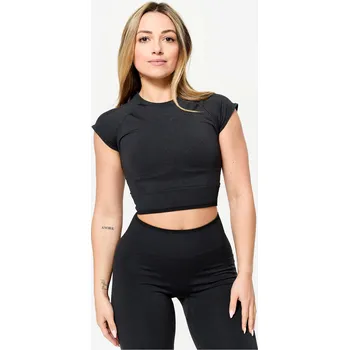 Pánské tričko DOMYOS Dámský fitness crop top bezešvý S ČERNÁ|ŠEDÁ