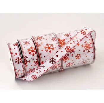 Stuha Vánoční stuha s metalickým potiskem BÍLO-ČERVENÁ - B - šířka 3,8 cm, délka 9 metrů