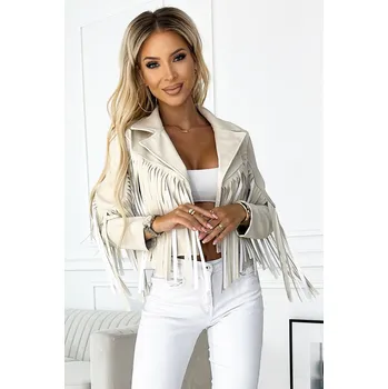 Dámská bunda 624-1 Krátká bunda s třásněmi z měkké ekokůže - béžová UNI