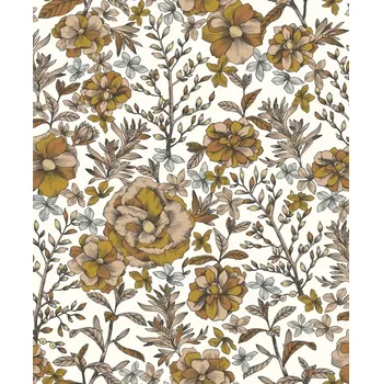 Tapeta Vliesová tapeta na zeď Caselio 103060333, květy, listy, bílá, oranžová, hnědá Bílá;Hnědá;Oranžová