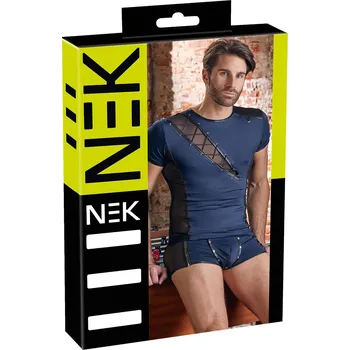 Pánské erotické prádlo NEK - černé krajkové tričko se šněrováním pro muže (modré) - L