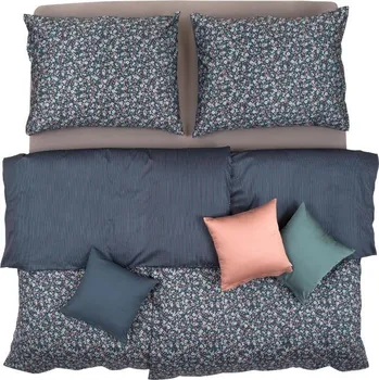 Povlečení SCANquilt povlečení SATÉN DESIGN kvítka+proužky tmavě modrá 140 x 220/70 x 90 cm