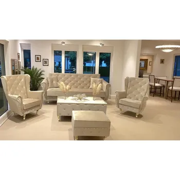 Sedací souprava Sedací souprava ZELULZAN II, pohovka + 2x křeslo +taburet + konferenční stůl, zlatá látka + vyzvednutí ZDARMA