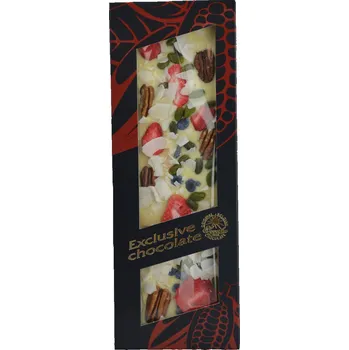 Čokoláda Čokoláda bílá s pekanovými ořechy, pistáciemi, jahodami, šeříkem a kokosem - Severka 130g