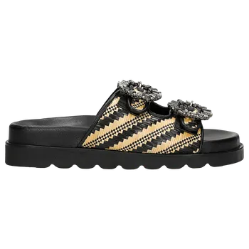 Dámské žabky Černé Dámské Pantofle Z Lícové Kůže A Rafie S Křišťálovou Ozdobou Wojas 7415280 36