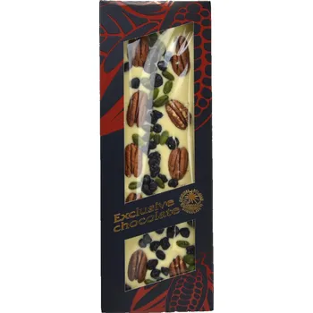Čokoláda Čokoláda bílá s pekanovými ořechy, pistáciemi a borůvkami - Severka 135g