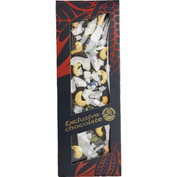 Čokoláda Čokoláda hořká s kešu oříšky, pistáciemi, fialkami a kokosem - Severka 135g