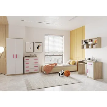 Obývací stěna Dětský pokoj SMYK III. ARIELA v dubu sonoma-bílá, sestava E, barevné úchytky