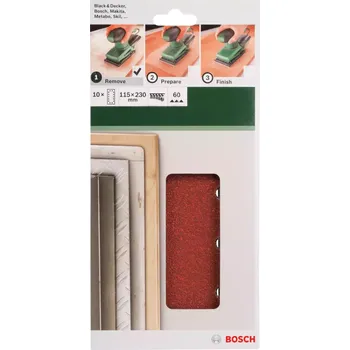 Brusný papír 10x Brusný papír na různé materiály Bosch 2609256B20 - 115x230mm, hr.60, 14 děr, pro vibrační brusku Bosch PSS 200 AC a další