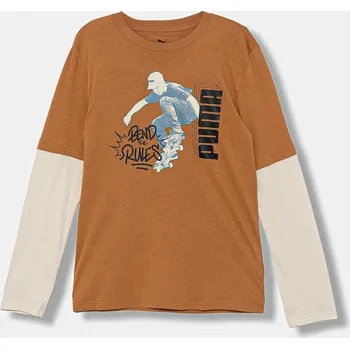 Chlapecké oblečení Dětské bavlněné tričko s dlouhým rukávem Puma MID90s Layered Longsleeve B hnědá barva, s potiskem, 688467 82X, vel. 176
