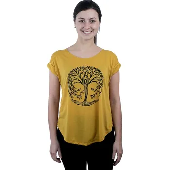 Dámské tričko Žluté dámské tričko na jógu s krátkým rukávem Darika Yoga Tree Yellow, Sittar, jóga, strom života L/XL