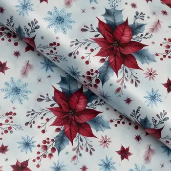 Látka polyesterový satén LUP-506 Vánoční hvězdy na ledově modrém - šířka 145 cm