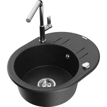 Granitový dřez MEXEN/S - Kevin granitový dřez 1-miska s odkapávačem včetně baterie Flora, černá/srebrny metalik 6517-73-670401-00