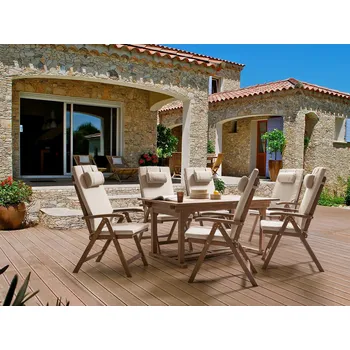 Zahradní nábytek Zahradní jídelní set z masivního akáciového dřeva rozkládací stůl 6 židlí se světle béžovými polštáři nastavitelná opěrka skládací rustikální styl Beliani