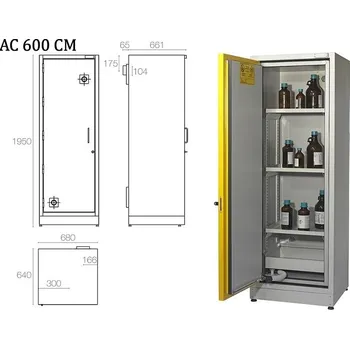 Protipožární bezpečnostní skříň LSS CM, odolnost 90 minut, Typ: AC 600 CM, Popis: Pro skladování max. 100 litrů kapalných a pevných hořlavých látek, certifikace dle norem EN 14470-1, EN 16121, EN 16122, Rozměry (š x h x v) [mm]: 680 x 640 x 1950