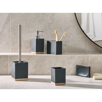 Dávkovač mýdla 5dílná sada koupelnových doplňků černá polyresin dávkovač mýdla miska na mýdlo toaletní štětka kelímek držák na zubní kartáček Beliani