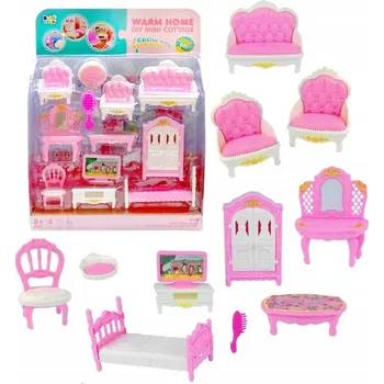 Panenka Nábytek růžovobílý doplněk do domečku pro panenky set 12ks plast