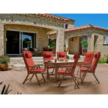 Zahradní nábytek Zahradní jídelní set z masivního akáciového dřeva rozkládací stůl 6 židlí s červenými polštáři nastavitelná opěrka skládací rustikální styl Beliani