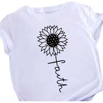 Bílé dámské tričko s potiskem slunečnice a nápisem Faith Křesťanské tričko s květinovým motivem Víra Stylový top Krátký rukáv Bavlna M