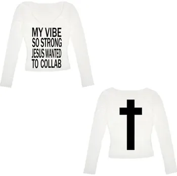 Dámské tričko Dámské tričko s dlouhým rukávem Výstřih do V Streetwear s křesťanským motivem Potisk vpředu a kříž na zádech Stylová víra v módě bílá S