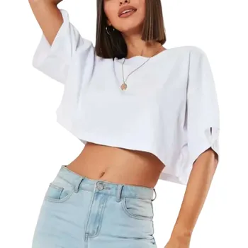 Krátké dámské tričko s volnými rukávy Módní crop top volného střihu Elegantní tričko do pasu Stylové letní oblečení pro ženy bílá M
