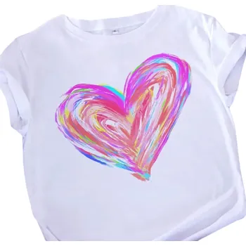 Dámské tričko Bílé dámské tričko s barevným potiskem srdce Krátký rukáv Moderní tričko s abstraktním motivem Barevné štětce Měkký materiál Pohodlí a styl XL