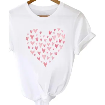 Dámské tričko Bílé dámské tričko s potiskem růžových srdcí do tvaru srdce Stylové tričko Krátký rukáv Letní top Bavlněný materiál Romantický vzhled XL