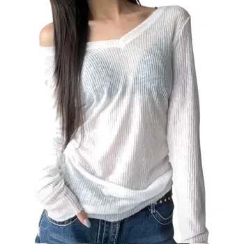 Dámské tričko Průsvitné dámské tričko s dlouhým rukávem Výstřih do V Lehký materiál Volný střih Sexy off-shoulder top pro vrstvení i samostatné nošení bílá M