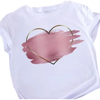 Dámské tričko Bílé dámské tričko se zlatým obrysem srdce a růžovým efektem Štětcový potisk Moderní tričko Krátký rukáv Stylový top Elegantní vzhled L