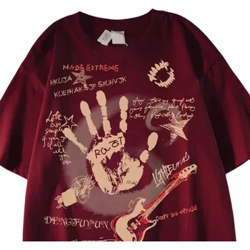 Dámské tričko Dámské tričko s potiskem kytary a ruky Streetwear top s krátkým rukávem Kulatý výstřih Módní rockový styl pro volný čas i koncerty červená XL