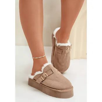 Dámské polobotky Dámské Pantofle Na Silné Podešvi S Kožešinou A Přezkou Tmavě Béžové Linneola 36