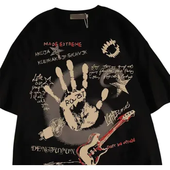Dámské tričko Dámské tričko s potiskem kytary a ruky Streetwear top s krátkým rukávem Kulatý výstřih Módní rockový styl pro volný čas i koncerty černá M